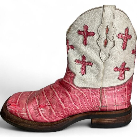 Ferrini Pink White Crosses Leather Distressed Western Cowgirl Cowboy Boots 8.5 - Picture 6 of 15